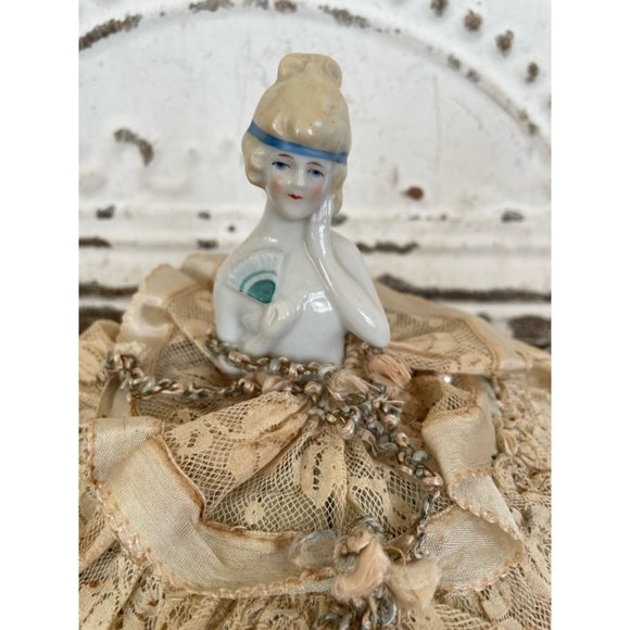 Antique German Pincushion Half Doll with fan silk lace skirt - Picture 11 of 15